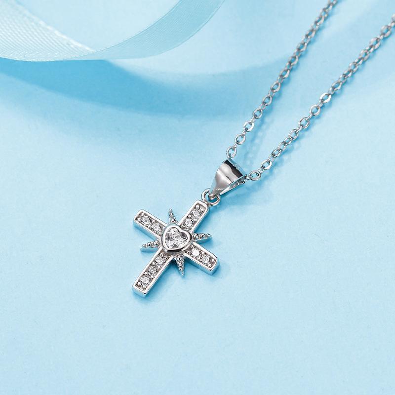 GemChic Women's Exquisite Embed Zircon Cross Love Shape Pendant Necklace Female Simple Clavicle Chain Birthday Christmas Jewelry Gift
