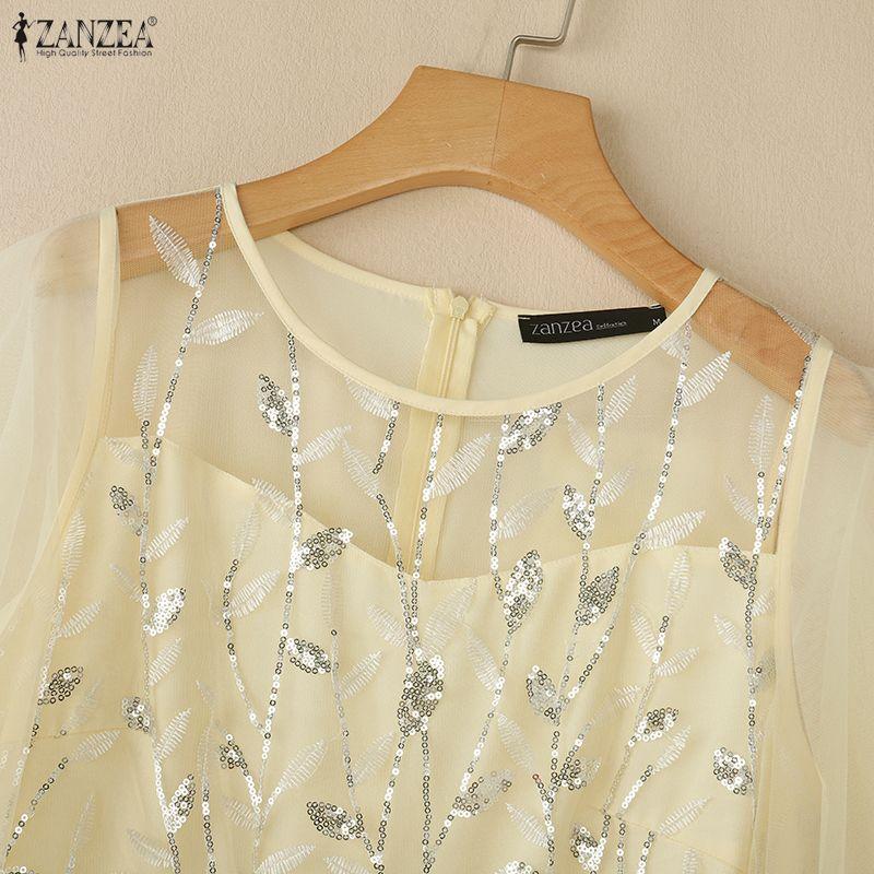 ZANZEA Women Casual Round Neck Mesh Splice Short Sleeve Loose Dress