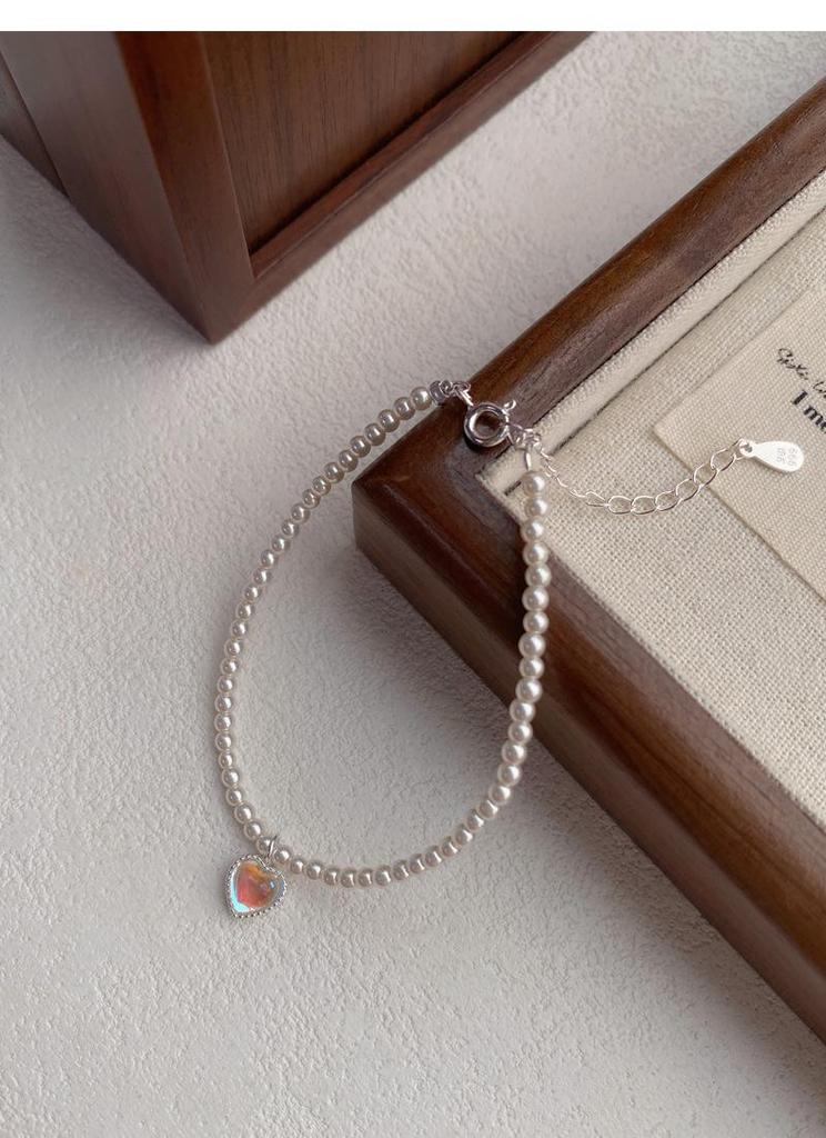 Color-Changing Heart Moonstone and Pearl Sterling Silver Bracelet - High-End Light Luxury Women’s Beaded Bracelet