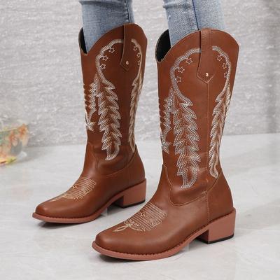 Western Cowboy Boots Embroidered Retro Martin Boots Women's Autumn and Winter New Women's Thick Heel Medium Tube Mouth Knight Boots