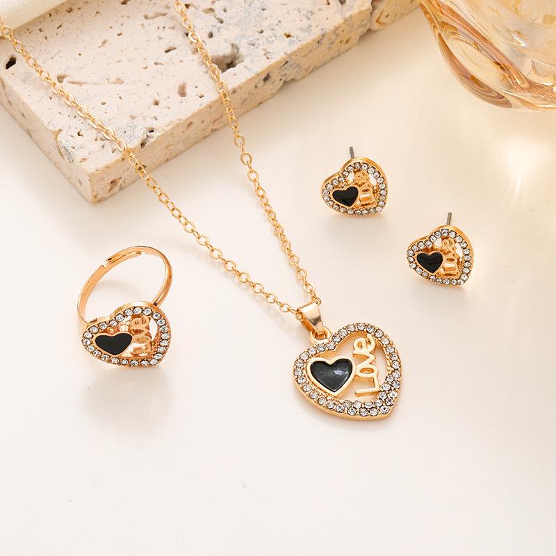 ins Love Jewelry Set Fashion Diamond LOVE Letter Peach Heart Necklace Earrings Ring 3-piece Set