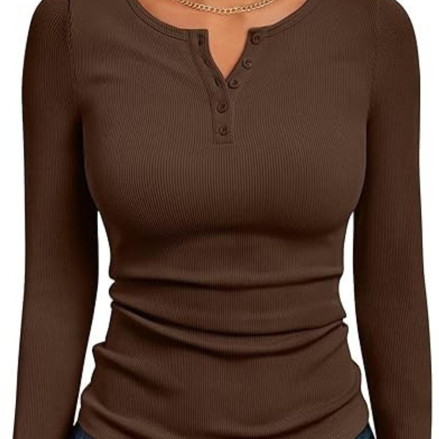 

New Women s Western-Style Top: Solid Color, Button-Front, V-Neck, Long-Sleeve Ribbed Knit T-Shirt 2XL темно-коричневого кольору