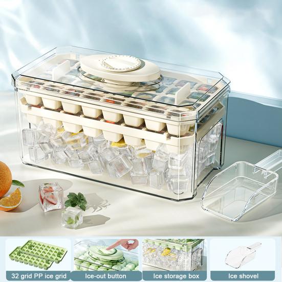 Ice Cube Mold Tray with Lid Bin Ice Scoop 32 Cavity Ice Cube Maker for Freezer Easy Release DIY Ice Cube Tray for Whiskey Cocktail Coffee