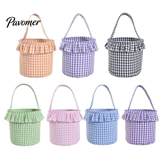 Trick or Treat Baskets Halloween Basket, Plaid Ruffle Candy Bucket with Handle Bags for Kids Kids, Reusable Gingham Fabric Storage Basket Party Favors