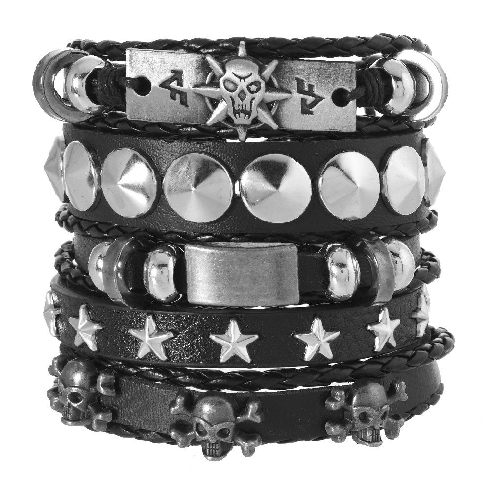 Men's Punk Skull Leather Bracelet Set Multi-Layer Gothic Rock Chain Bracelets Pentagram Charm Hip Hop Streetwear Badge Jewelry Accessories for Him