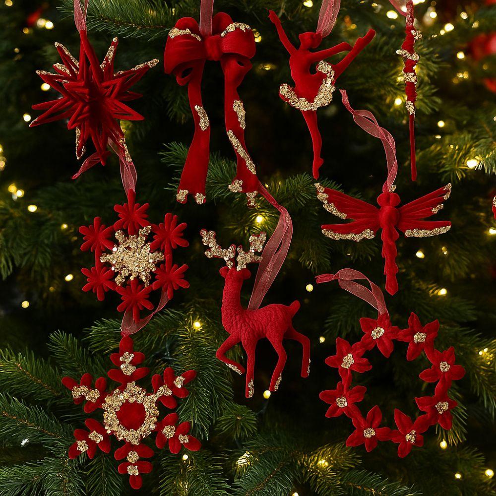 Wine Red Plush Christmas Tree Pendant Glitter Bow Christmas Decorations Holiday Season