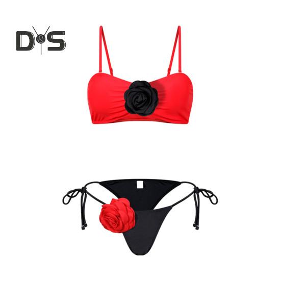 2Pcs/Set Women Bikini Set Sling Flower Decor Bra Lace-Up Briefs Set Three-Dimensional Flowers Adjustable Shoulder Straps Swimsuit