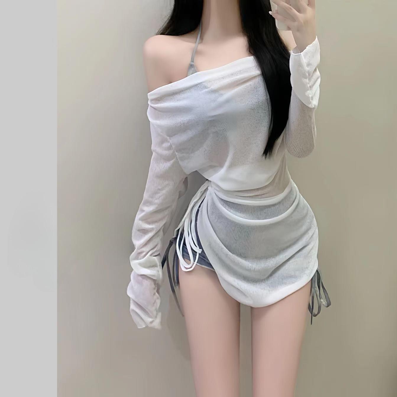 

2025 Синий тай-дай Спортивный комплект-накидка бикини с разрезами на ногах Large синий