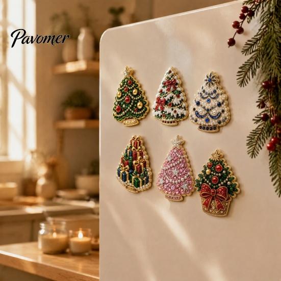 Reindeer Kitchen Decor 6Pcs DIY Faux Pearl Painting Fridge Magnet, Santa Snowman Stocking Tree Refrigerator Magnets Gingerbread Snowflake Handmade