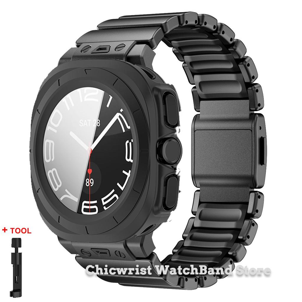Armband+Hülle für Samsung Galaxy Watch Ultra 2025/7 ultra Edelstahl Gummiarmband Gehärtetes Glas Displayschutz Hülle aus Hart-PC