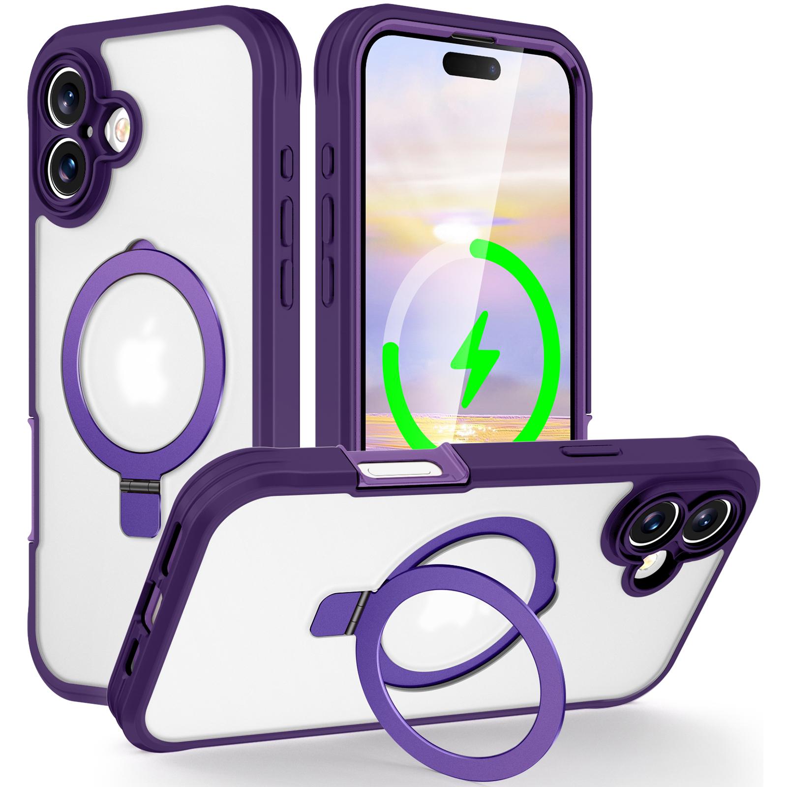 

For iPhone 16 Case Skin Touch Solid Color TPU+PC Phone Cover with Magnetic Kickstand Purple