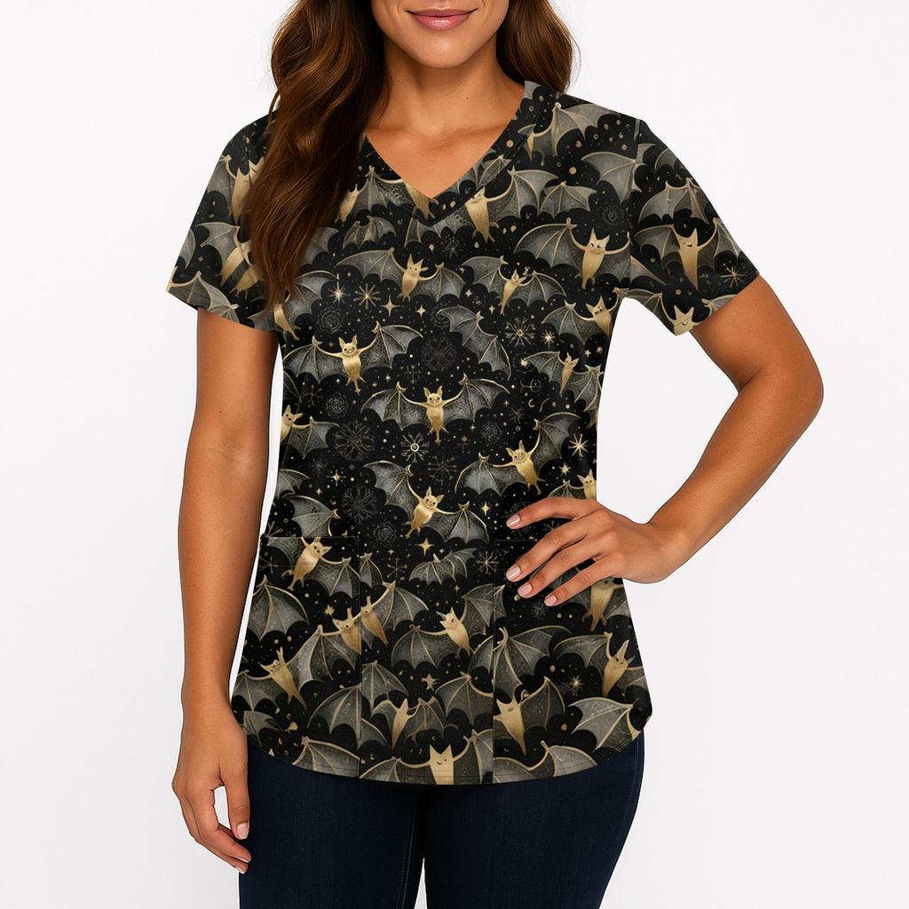 Women's Printing Uniform Work Uniform V-neck Pockets Basic Short Sleeve Pullover Top