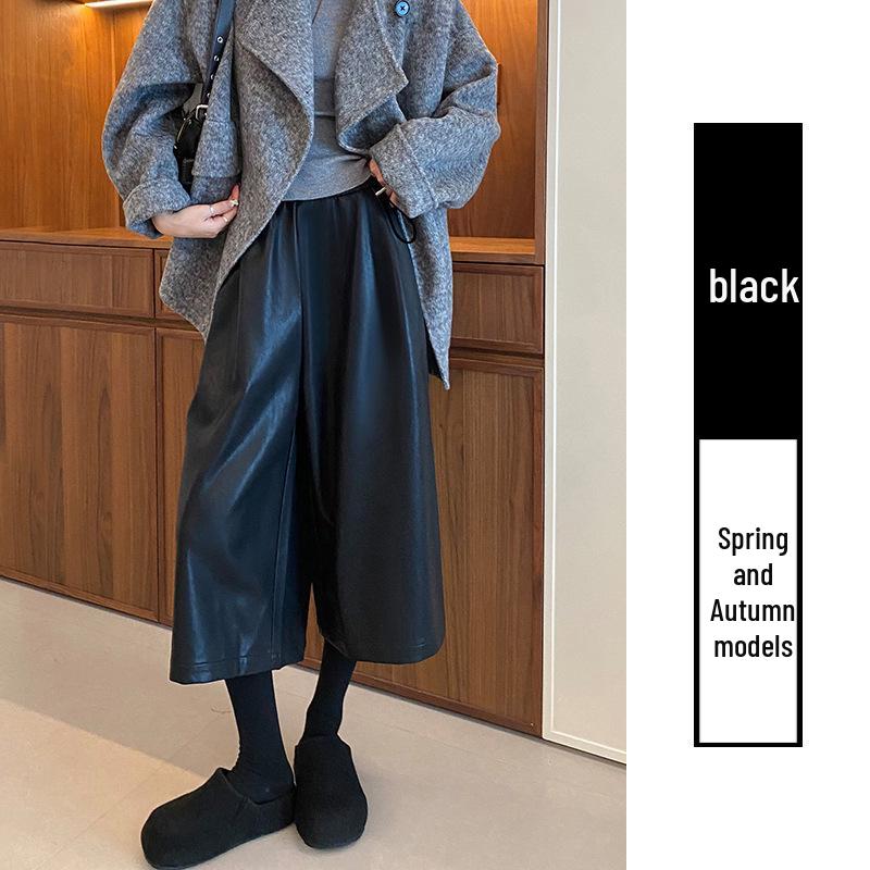 

Autumn/Winter 2025 Maternity Black Leather Wide-Leg Cropped Pants: Loose Casual Old Money Style M