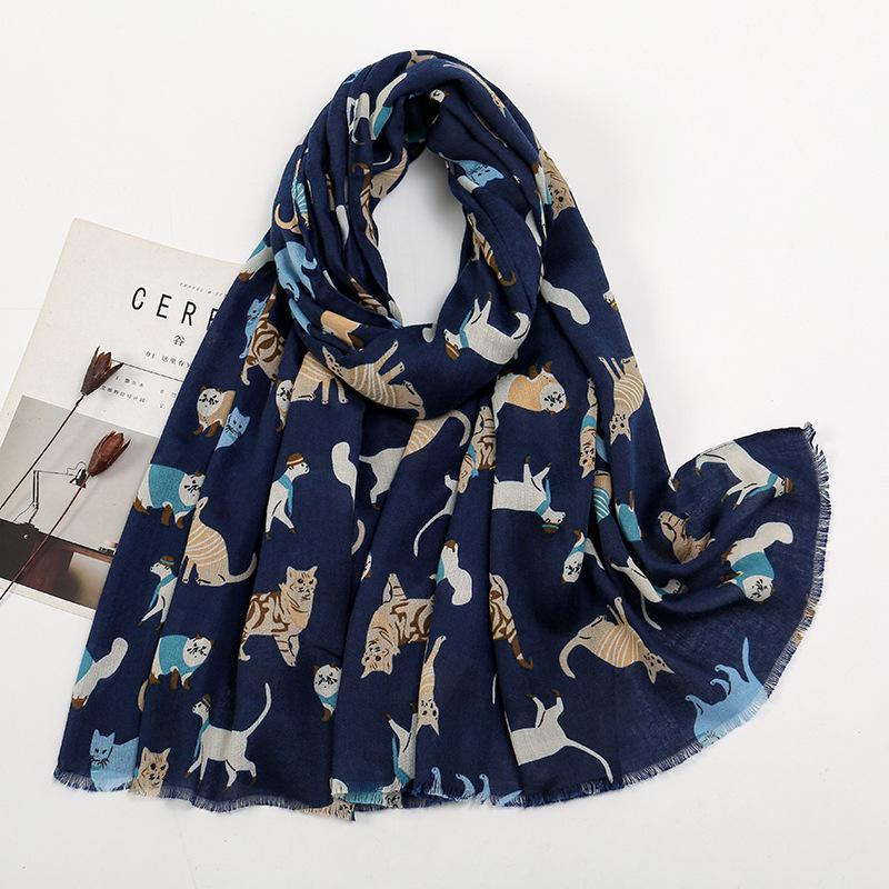 Cotton and Linen Cartoon Cat and Dog Scarf – Autumn/Winter Warm Shawl for Ladies
