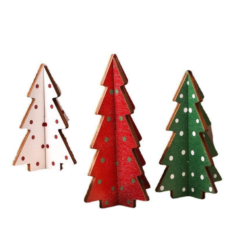 3 Pieces Christmas Decor Plaid Wooden Tabletop Trees 5.5 Inch Height 3D Holiday Home Decorations Set Festive Ornaments
