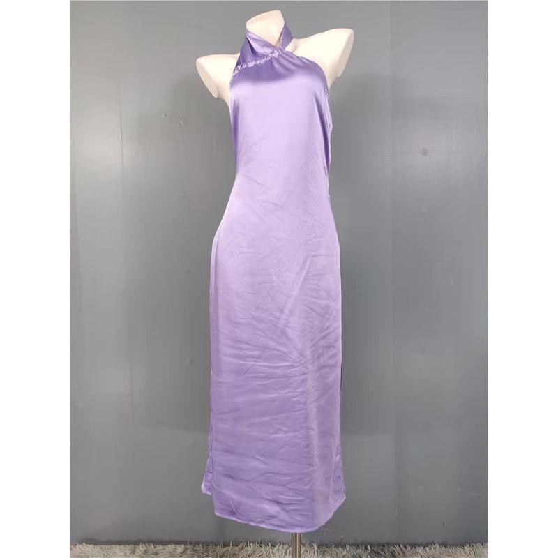 Foreign Trade Order Lu's Personalized Niche Design Oblique Collar Smooth Fabric Purple Lady Sleeveless Backless Elegant Dress
