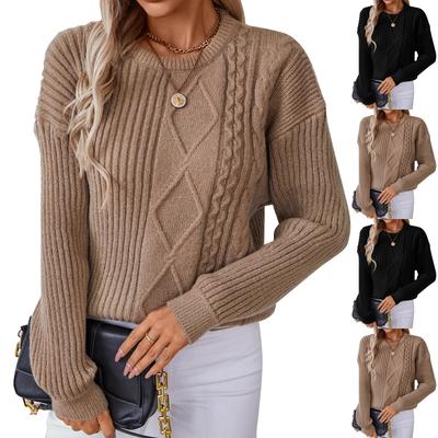 Women's Fashion Casual Round Neck Solid Color Long Sleeve Loose Knit Pullover Sweater