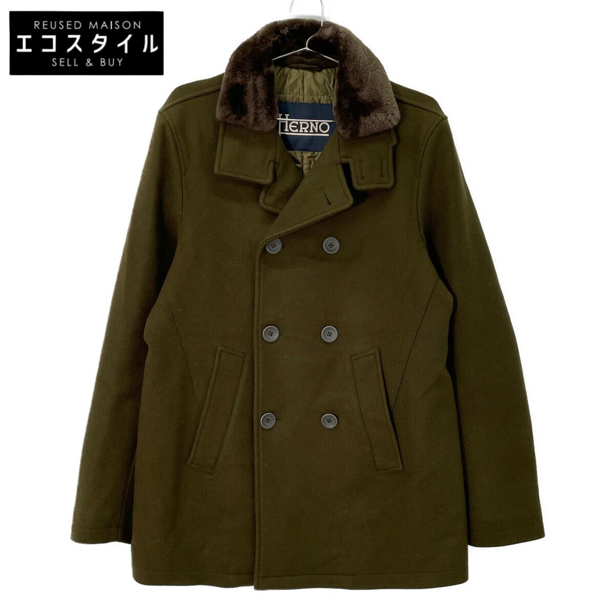 

HERNO PE0013U Khaki Beaver Fur Stand-Up Collar P-Coat coat 48 khakiUsed
