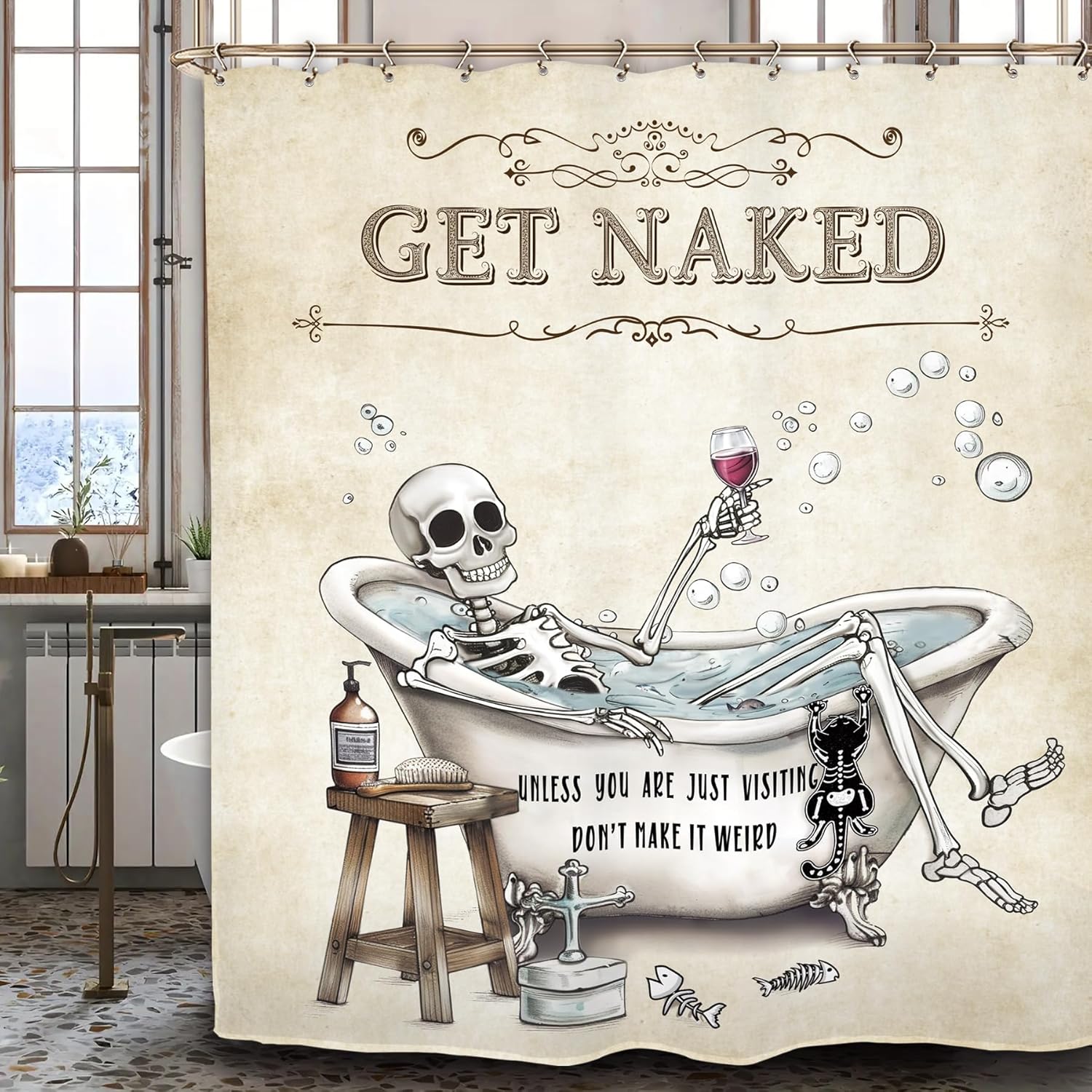 

Funny Skeleton Skull Bathroom Shower Curtain Black White Hilarious Man Cool Polyester Fabric 12 Plastic Hooks Waterproof Decor W60H190(CM)-1 Pcs