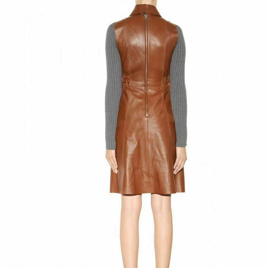 Stylish Handmade Casual Formal Wear BROWN Genuine Lambskin Leather Women's Dress