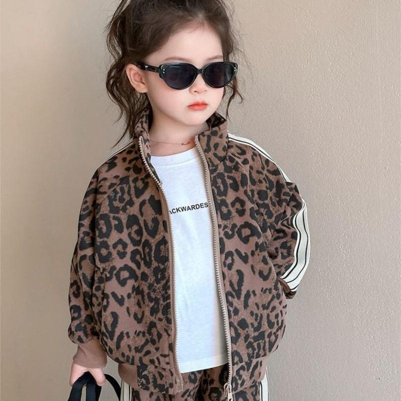 Spring Autumn Girls'  Kids Leopard Pattern Suit Coat+trousers Pants Sets Comfortable Cute Baby Clothes Children Clothing Sportswear Two-piece Set