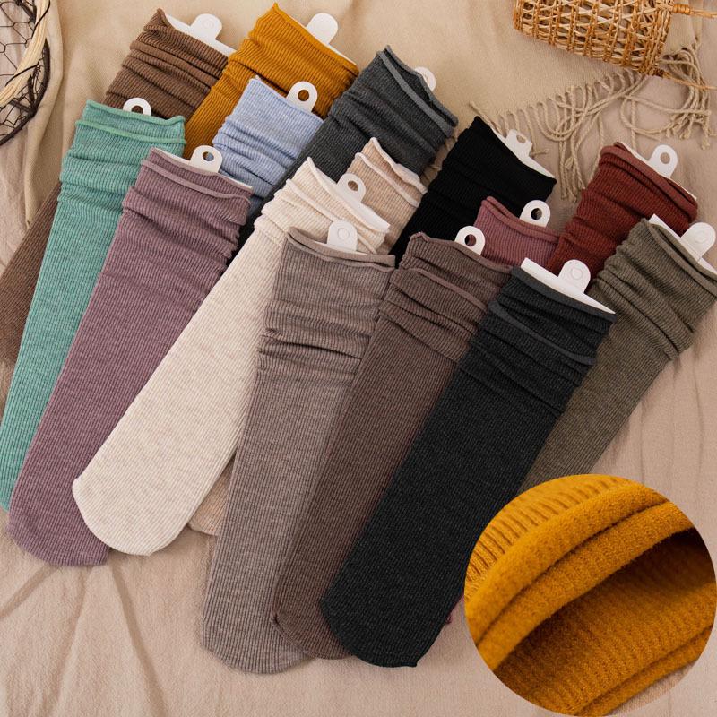 Women's Cotton Blend Fleece-Lined Mid-Calf Scrunch Socks – Warm, Thick, Japanese Style for Spring, Autumn, & Winter