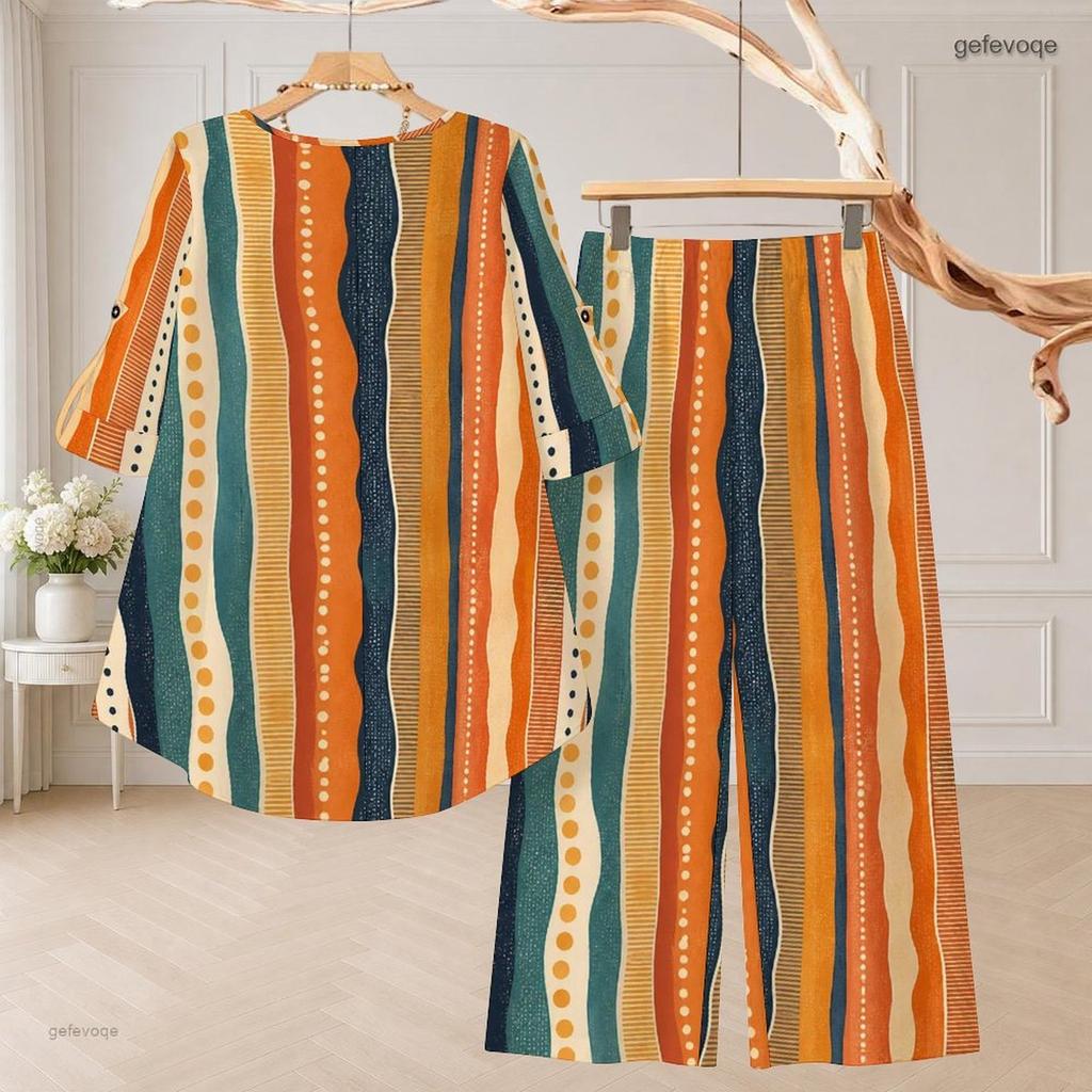 Women Plus Size Printed Two Piece Set Round Neck 3 4 Sleeve High Low Top Wide Leg Pants