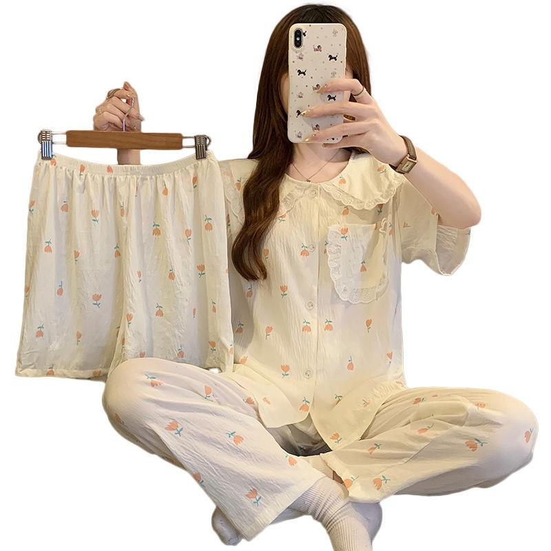 Fashion And Simple Style Summer Pajamas Women'S Tulip Cloud Cotton Loungewear Doll Collar Short Sleeve Three-Piece Set