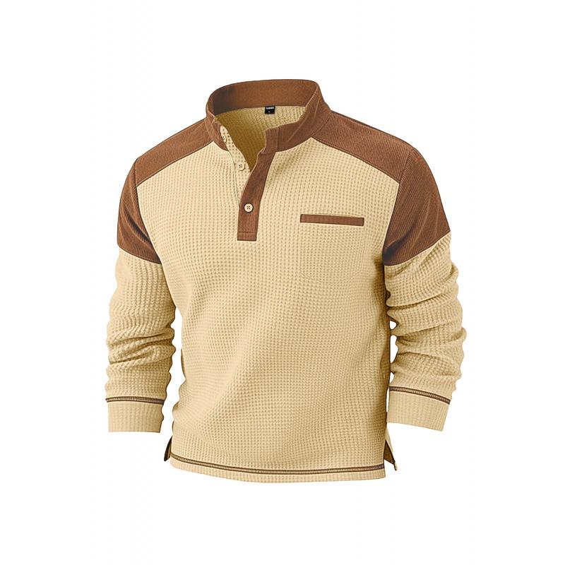 New Winter Men Waffle Knit Faux Pocket Casual Stand Collar Long Sleeve Corduroy Sweatshirt