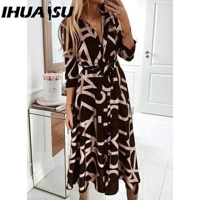 Robe pour femmes Col en V Printemps Automne Imprimée Boutonnée Manches longues Lacée
