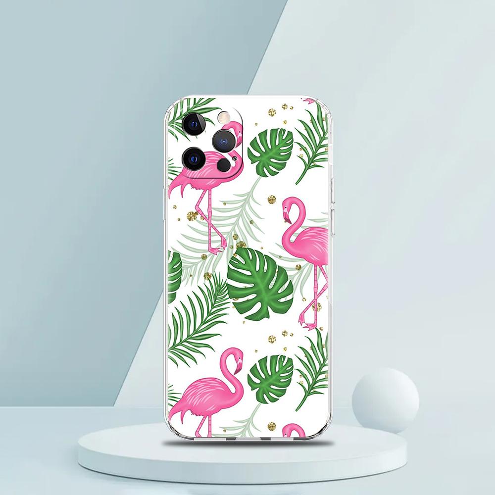 For iPhone 15 16 14 13 12 mini 11 Pro Max XS X XR SE 7 8 Plus Silicone Clear Cover lovely Pink Flamingos leaf Phone Case
