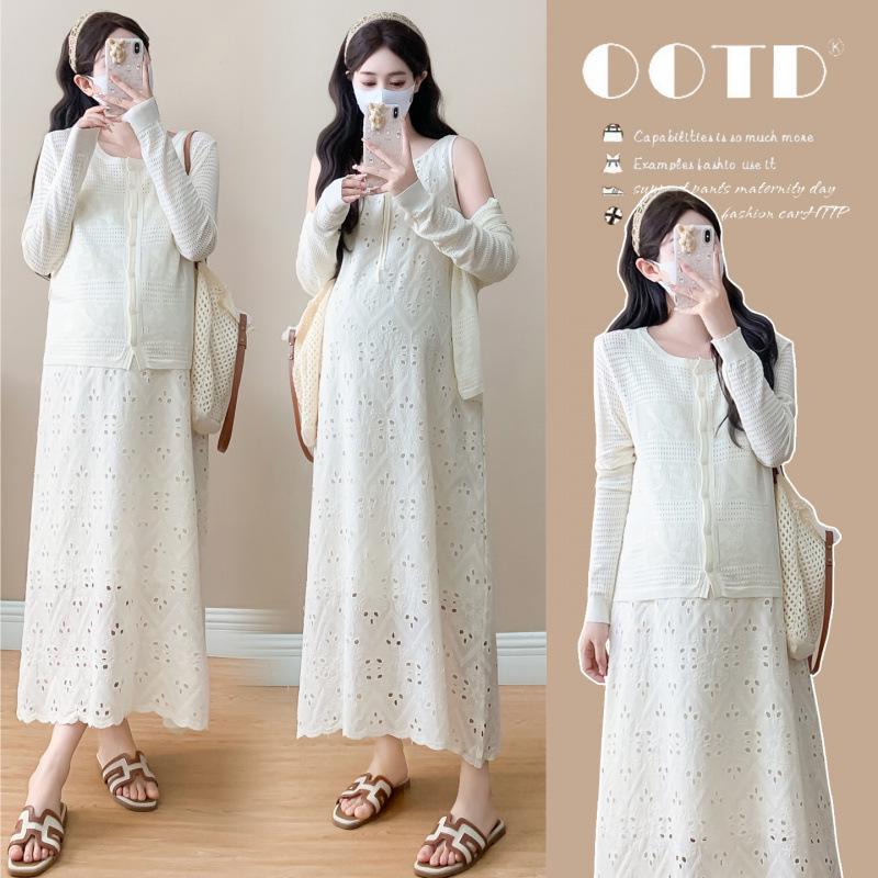 2026 Spring/Summer Pure Cotton Maternity Lace Tank Dress & Knit Cardigan Set M