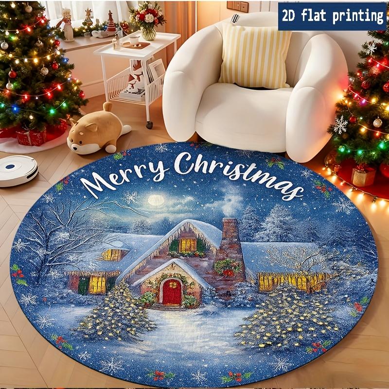 Merry Christmas Santa Snow Village Pine Tree Round Rug for Bedroom Bedside Living Room Sofa Chair Entry Floor Mat Giftbox