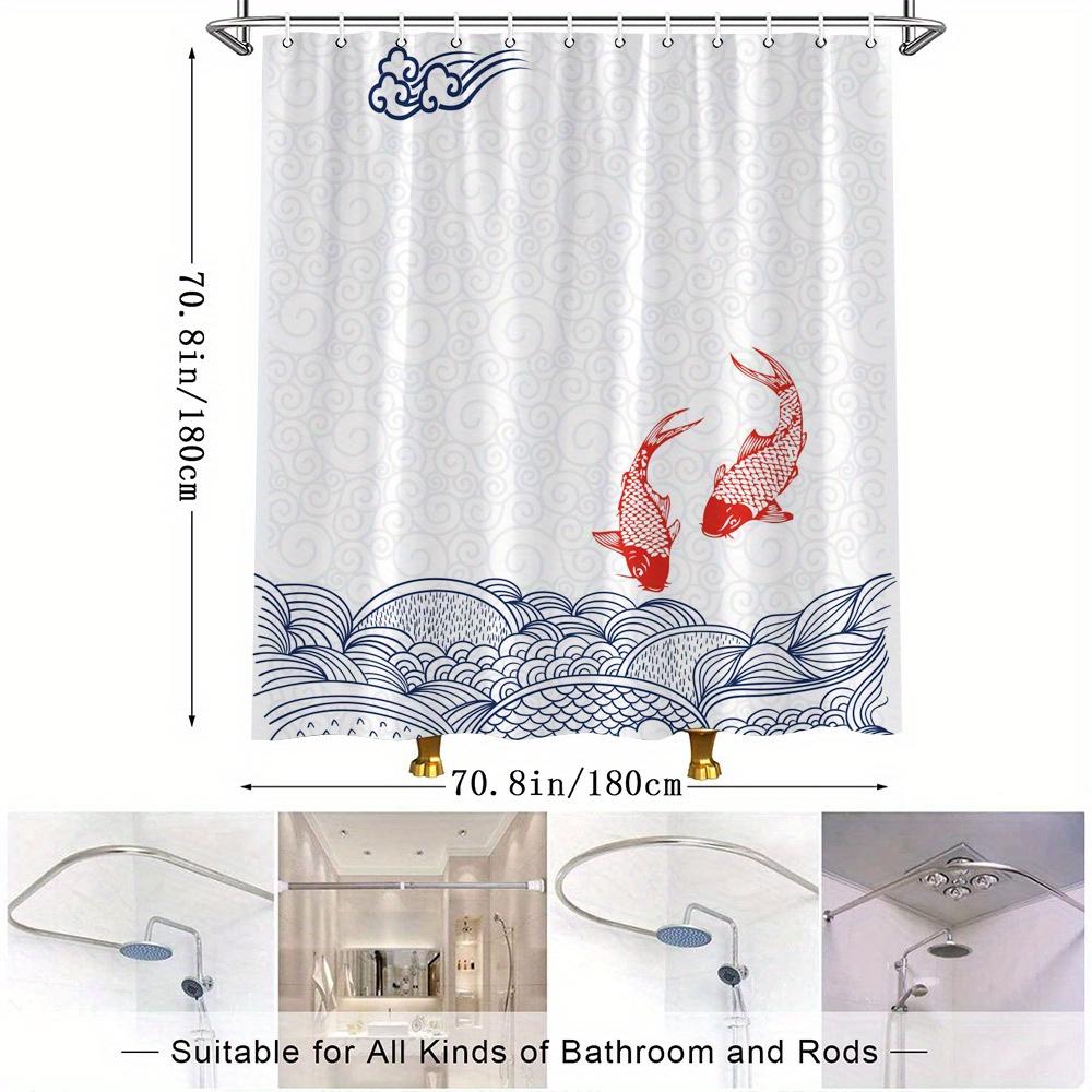 1pc Koi Fish Wave Shower Curtain Digital Illustration Stylized Blue Swirl Pattern Light Grey Background White Swirls Modern Desi