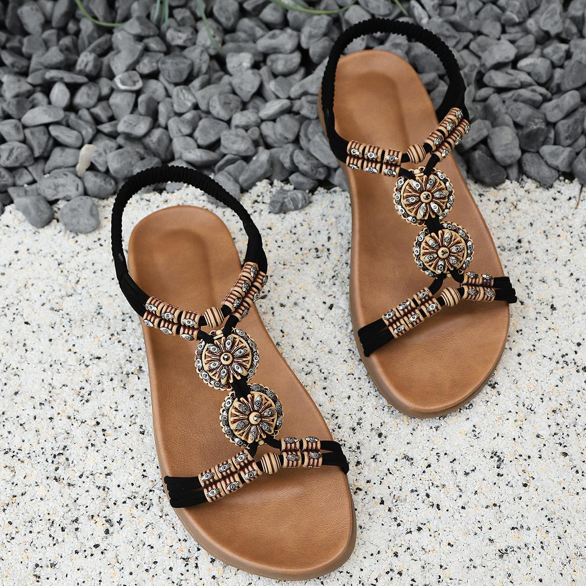 

Women s Wide Width Bohemian Sandals, Wooden Buckle Open-Toe Flats, Summer Casual Mules for Women 42 чорний