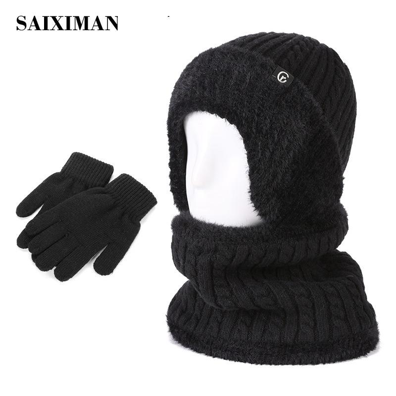 Knitted hat winter hat women's winter velvet warm wool hat men's ear protection scarf