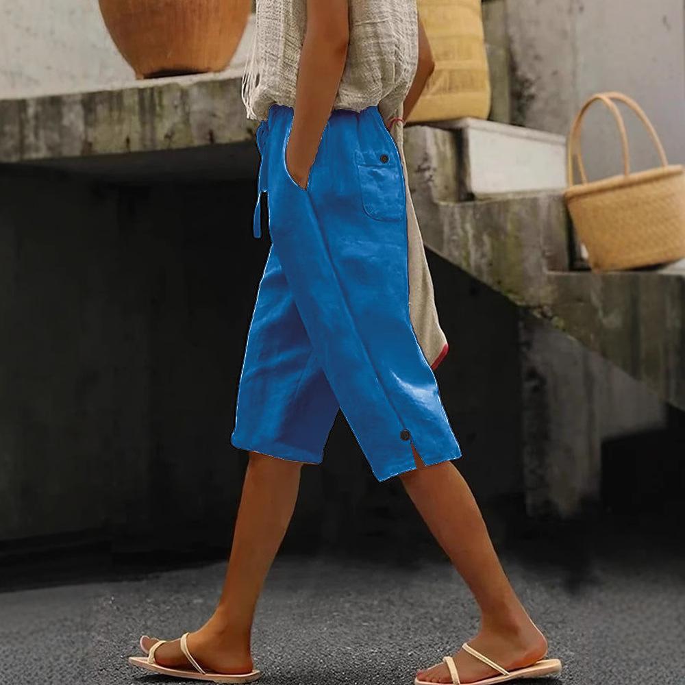 Pantaloni Capri da Donna in Cotone e Lino Monocolore, Vestibilità Larga, Cintura Davanti e Dietro, Tasche Multiple