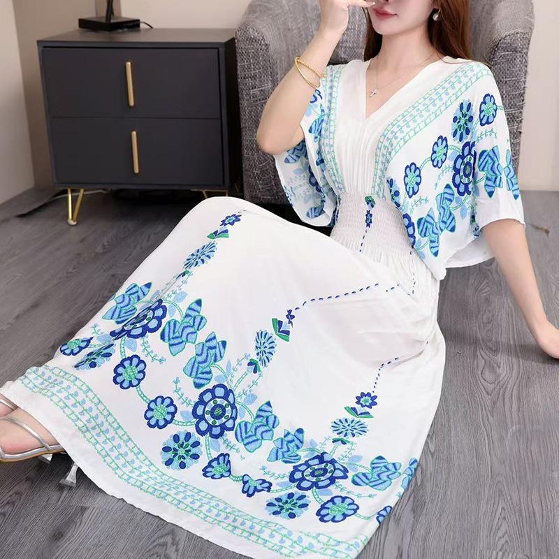 Summer Elegant Boho Women V-Neck Slim Elastic Waist A-Line Dress Batswing Short Sleeve Casual Holiday Office Lady's Vintage Dress