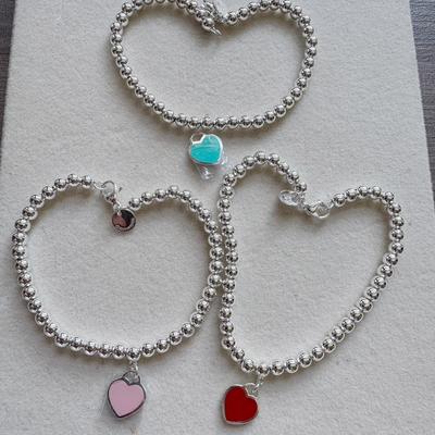 Herzförmiges Emaille Blaues Herz Rotes Herz Puder Herz Armband Liebe Buddha Perle Runde Perlenkette für Freundin's Valentinstagsgeschenk