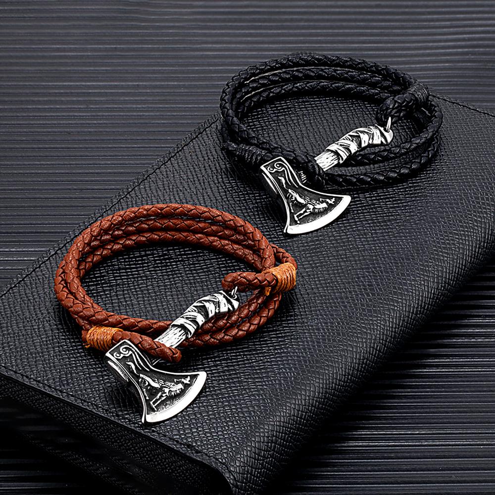 Mens Stainless Steel Vikings Axe Bracelet Leather Wolf Amulet Handmade Bracelet For Men Women Biker Outdoor Jewelry Gift
