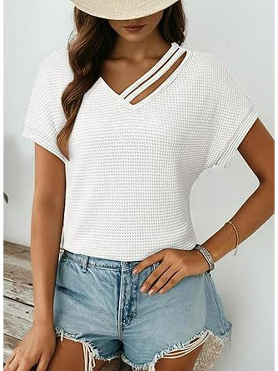 European & American Women's Waffle Knit V-Neck Short Sleeve Shirt