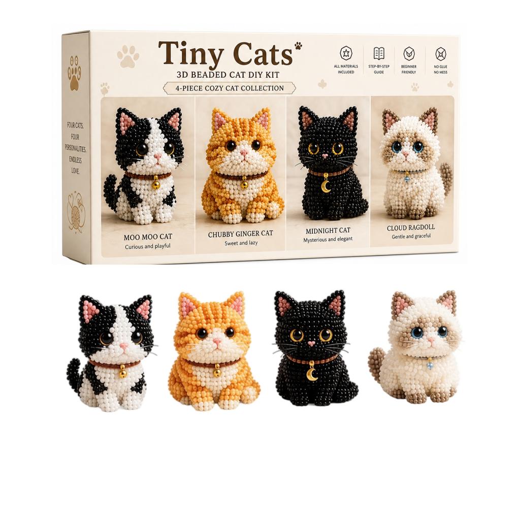 3D Beaded Animal Kit Tiny Cats DIY Craft Set Includes Four Cat Figures with Beads and Tools for Detailed Handmade Decoration