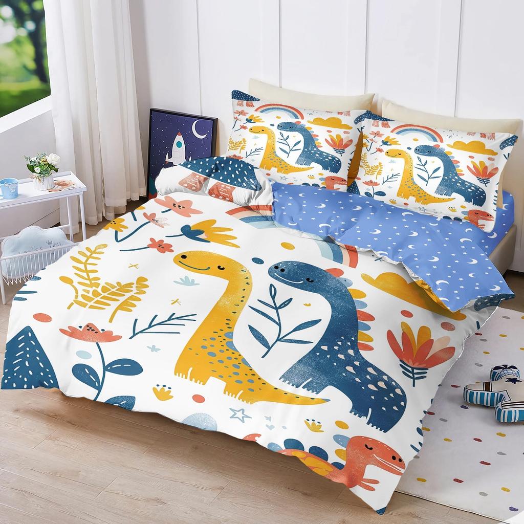 Dinosaur Microfiber Cartoon Duvet Cover Set 2pcs,Queen Size Dinosaur Printed Bedding Comforter Covers Set with Pillowcases 75*50
