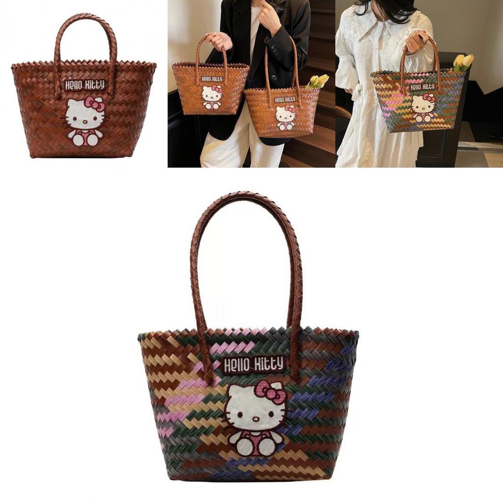 Kbelíková taška Hello Kitty z tkaného materiálu pro ležérní letní nošení