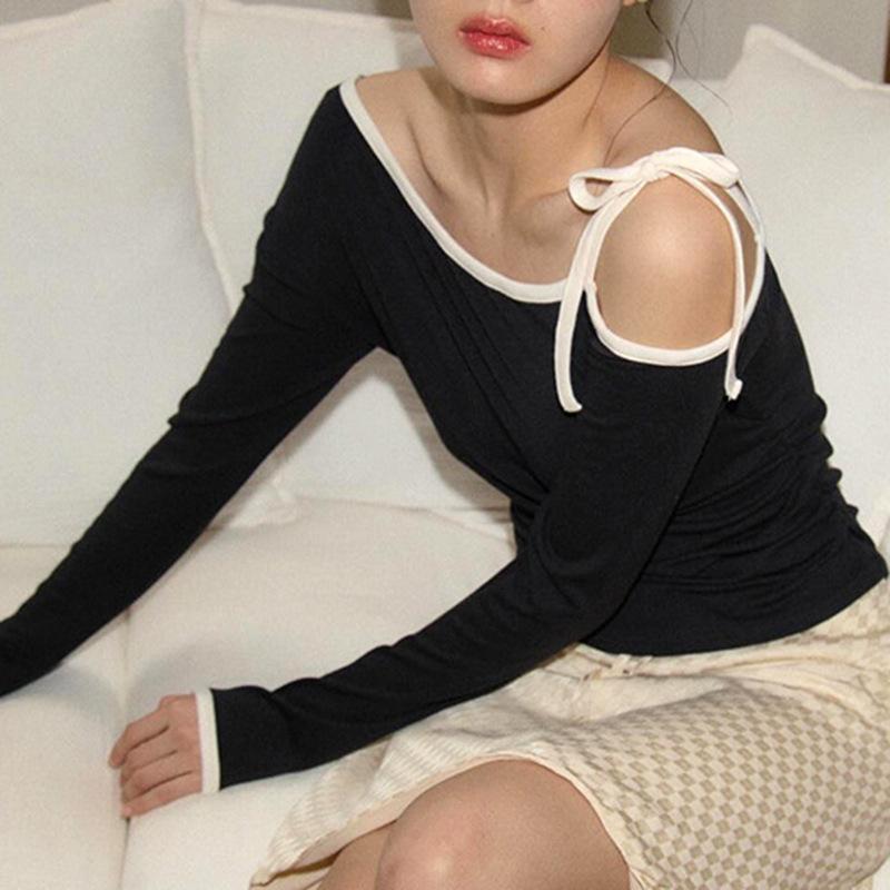 European and American women's autumn diagonal collar bow tie off shoulder solid color top
