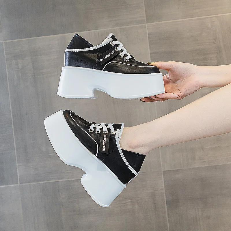 Fashion 11cm  Cow Genuine Leather High Brand Autumn Spring Chunky Sneakers Females Casual Ladies Vulcanize Women Platform Designer