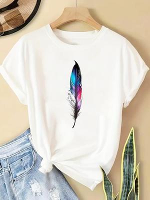(Asian Size) T Shirt Fashion Women Tee Top Feather Trend Cute Clothing Casual Printed Lady Female Graphic  Short Sleeve T-shirts