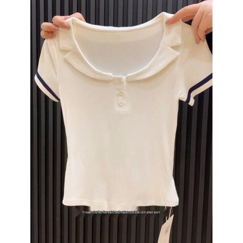 Contrasting Color Polo Collar Short Sleeve Women's Top - New Summer Style