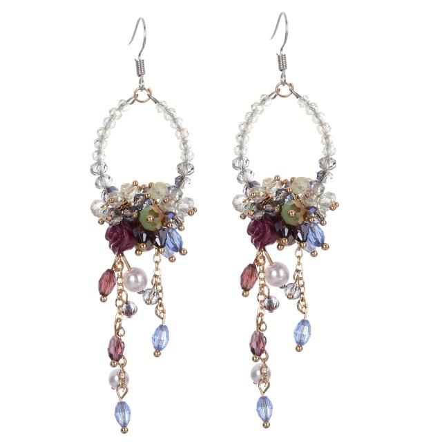 New Fashion 1 Pair Statement Flower Crystal Bead Tassel Fringed Earrings For Women Rhinestone Long Chain Crystal Drop Earrings