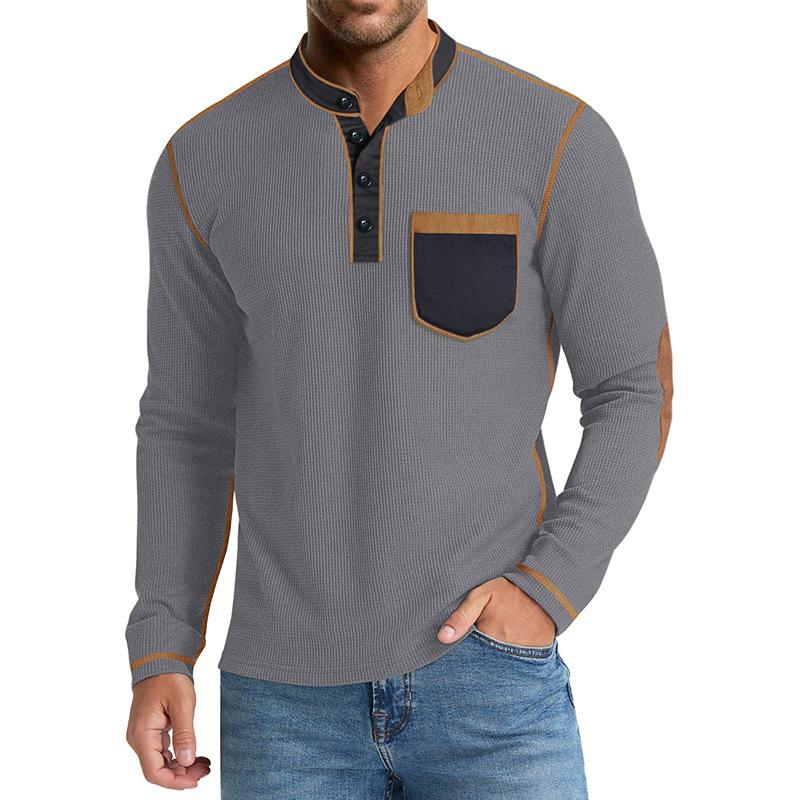 Long-sleeved Stand-up Collar Men's Autumn and Winter New Cotton Waffle T-shirt Casual Solid Color Bottoming